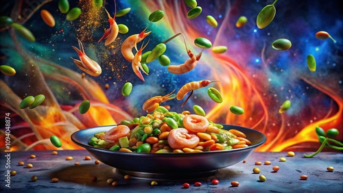 Surreal Culinary Delight: Stir Fried Sator Bean with Prawn in a Dreamlike Setting of Floating Ingredients and Whimsical Colors photo