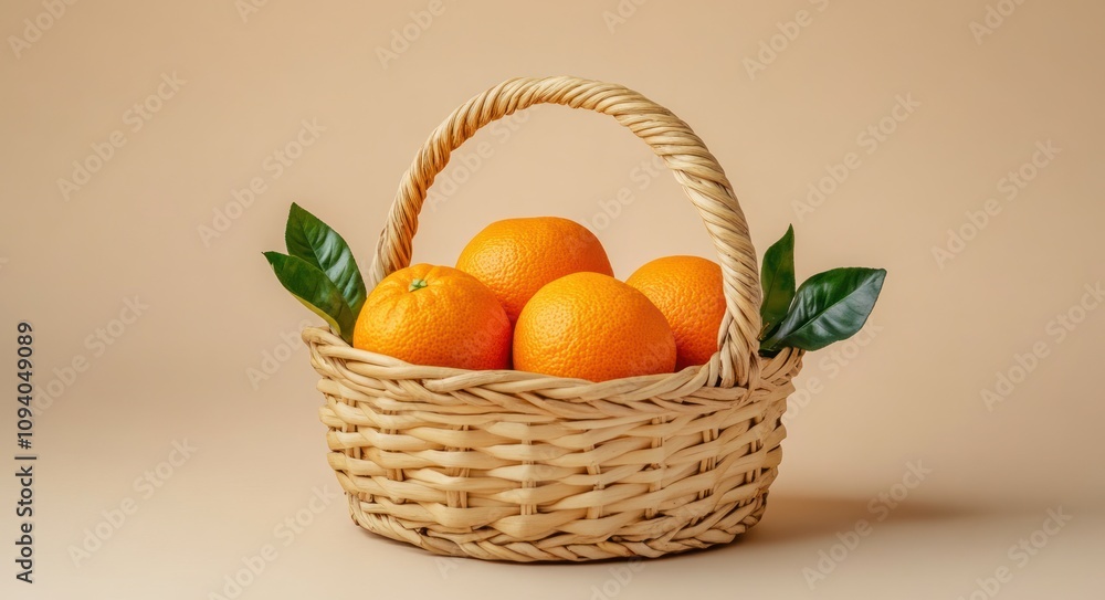 A woven basket filled with fresh oranges and green leaves against a neutral background. A woven basket filled with fresh oranges and green leaves against a neutral background.