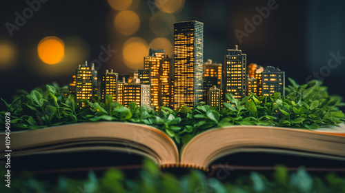 miniature cityscape emerges from an open book, symbolizing imagination, creativity, and the merging of knowledge with the limitless possibilities of the mind photo