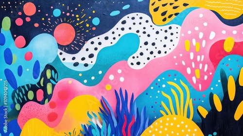 Colorful abstract ocean-themed artwork with vibrant waves and organic shapes.