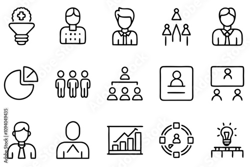 Set of business workshop icons, representing teamwork, training, and professional development. Perfect for corporate events, seminars, and educational content. Clean vector design.