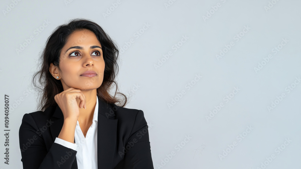 Indian business woman thinking and wondering calculate about ideas Indian business woman thinking and wondering calculate about ideas