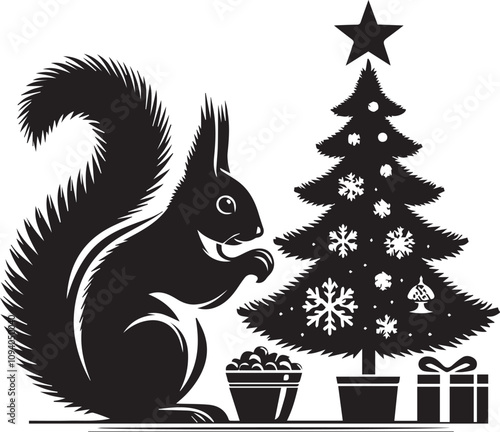 A squirrel sitting next to a tiny Christmas tree silhouette vector