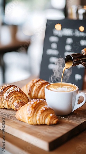 A lively coffee and bakery setting, with a barista preparing a fresh brew at the counter, artisan croissants displayed alongside a rustic menu board, steam rising from coffee cups, natural lighting