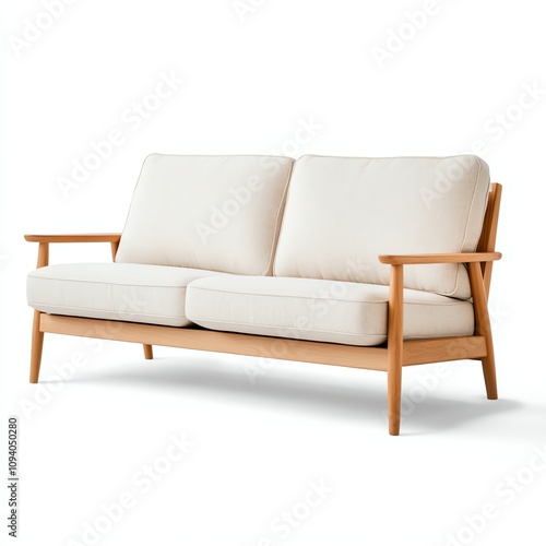 Modern white sofa with wooden arms on a white background.