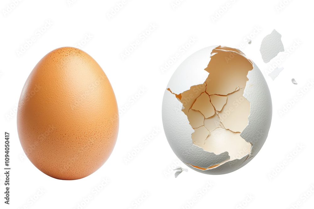Whole egg and cracked egg with broken shell fragments, isolated on transparent background Whole egg and cracked egg with broken shell fragments, isolated on transparent background