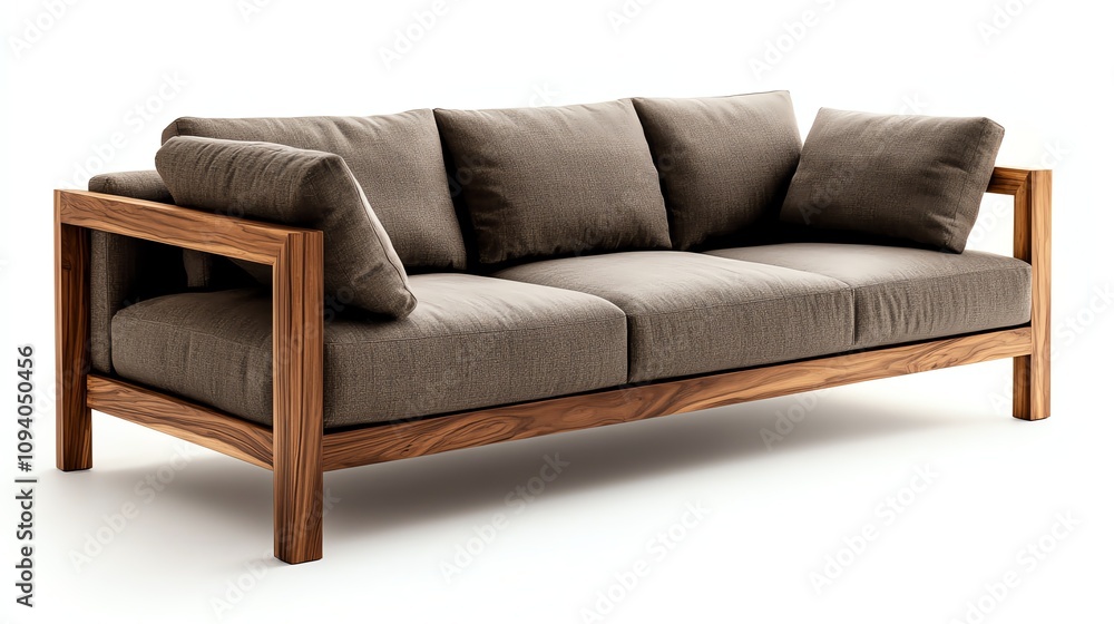 Stylish modern sofa with wooden frame and soft cushions, white isolate background. Stylish modern sofa with wooden frame and soft cushions, white isolate background.