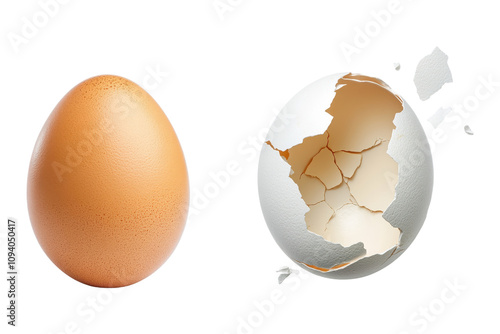 Whole egg and cracked egg with broken shell fragments, isolated on transparent background photo