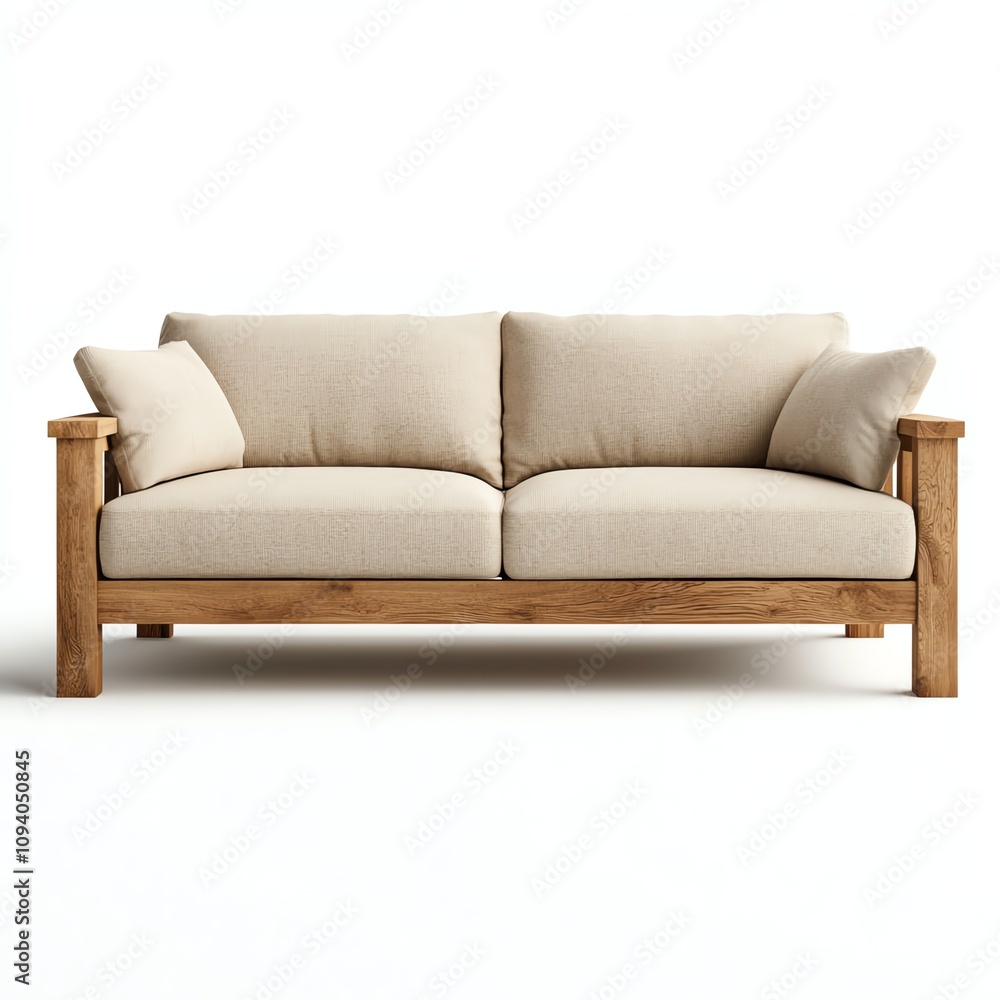 Stylish beige sofa with wooden frame on white isolated background Stylish beige sofa with wooden frame on white isolated background