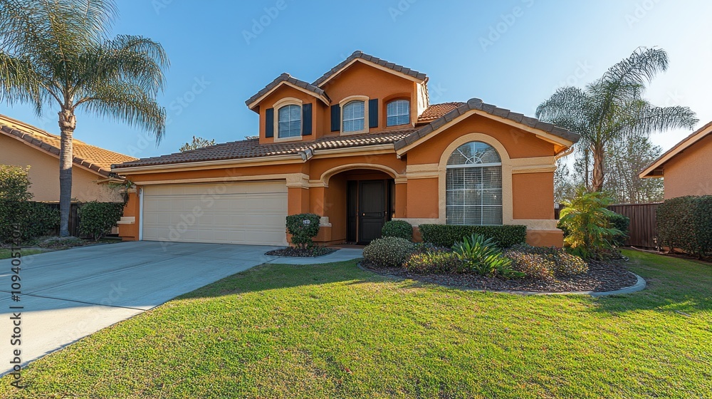 Orange Two-Story House With Palm Trees