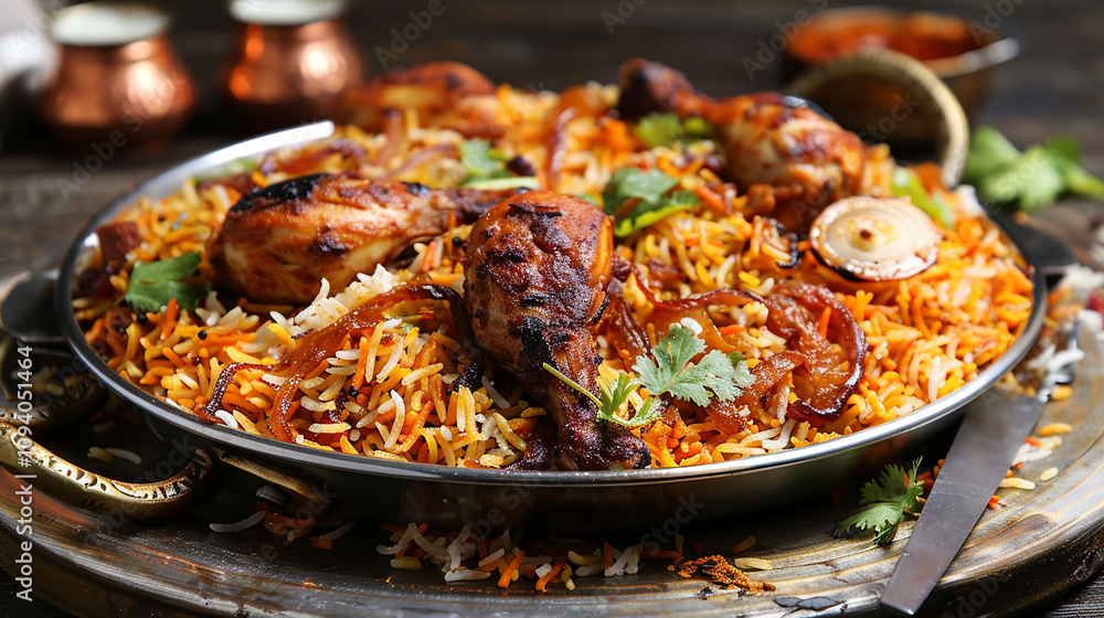 A platter of fragrant biryani, featuring layers of basmati rice cooked with tender pieces of chicken, lamb, or vegetables, flavored with saffron, spices, and caramelized onions. A platter of fragrant biryani, featuring layers of basmati rice cooked with tender pieces of chicken, lamb, or vegetables, flavored with saffron, spices, and caramelized onions.