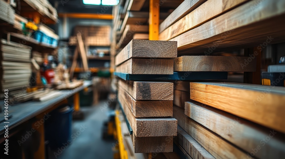 Stacked Lumber in a Woodworking Shop Construction Material Carpentry Timber Woodworking Industry Stacked Lumber in a Woodworking Shop Construction Material Carpentry Timber Woodworking Industry