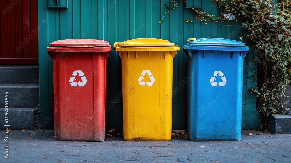 Three recycling bins in red, yellow, and blue against a green wall, promoting waste separation. Three recycling bins in red, yellow, and blue against a green wall, promoting waste separation.