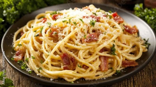 Delicious Plate of Spaghetti Carbonara with Bacon Bits