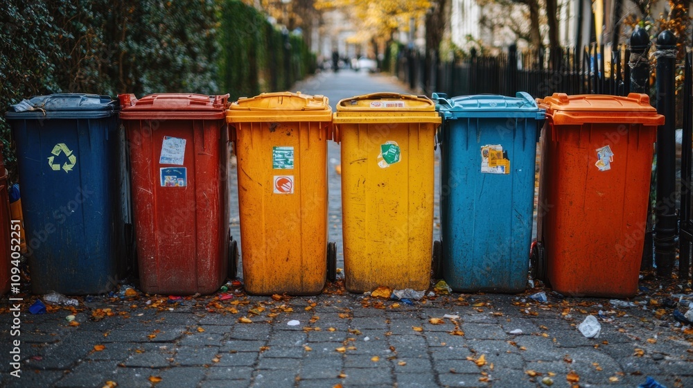 Colorful waste bins line a cobblestone path amidst fallen leaves in an urban setting. Colorful waste bins line a cobblestone path amidst fallen leaves in an urban setting.