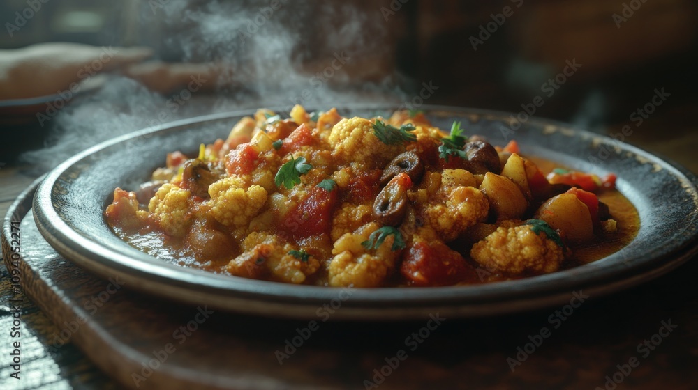 A steaming plate of vegetable stew, showcasing vibrant colors and rich textures. A steaming plate of vegetable stew, showcasing vibrant colors and rich textures.