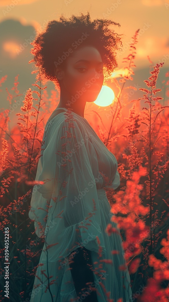 custom made wallpaper toronto digitalWoman Silhouetted in a Field of Flowers at Sunset