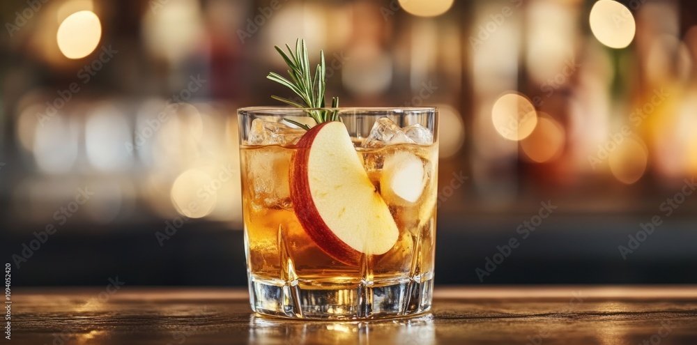 A refreshing cocktail garnished with apple slices and rosemary, served over ice. A refreshing cocktail garnished with apple slices and rosemary, served over ice.