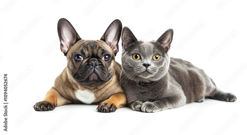 A French Bulldog and a gray cat lying together on a white background. A French Bulldog and a gray cat lying together on a white background.