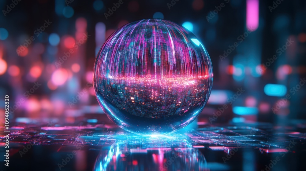 Futuristic Cityscape Reflected in Crystal Sphere Abstract Neon Lights Technology Background Futuristic Cityscape Reflected in Crystal Sphere Abstract Neon Lights Technology Background