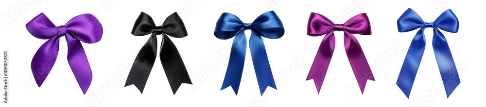Set of colorful satin bows in purple, black, blue, and magenta, isolated on transparent background. Gift wrapping and decoration PNG