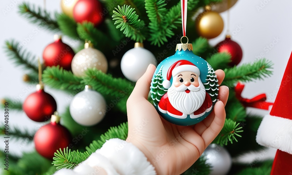 Festive hand holding santa ornament against christmas tree with colorful baubles Festive hand holding santa ornament against christmas tree with colorful baubles