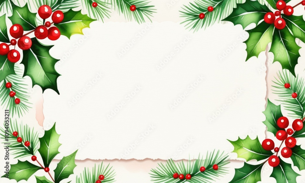 Festive holiday frame with holly leaves and red berries on parchment background Festive holiday frame with holly leaves and red berries on parchment background