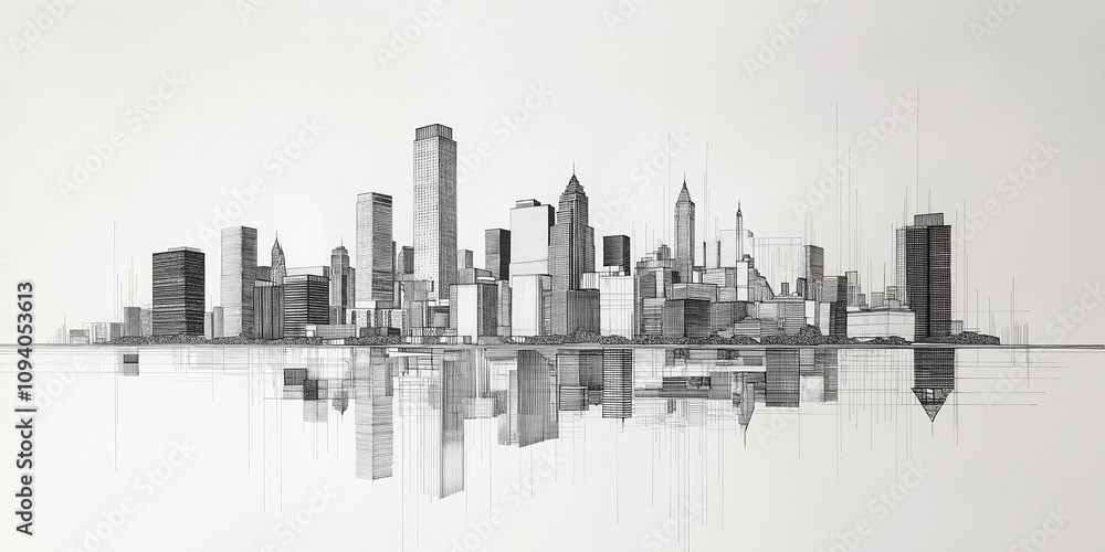Minimalist Black and White Pencil Sketch of a Reflective Urban Cityscape Minimalist Black and White Pencil Sketch of a Reflective Urban Cityscape