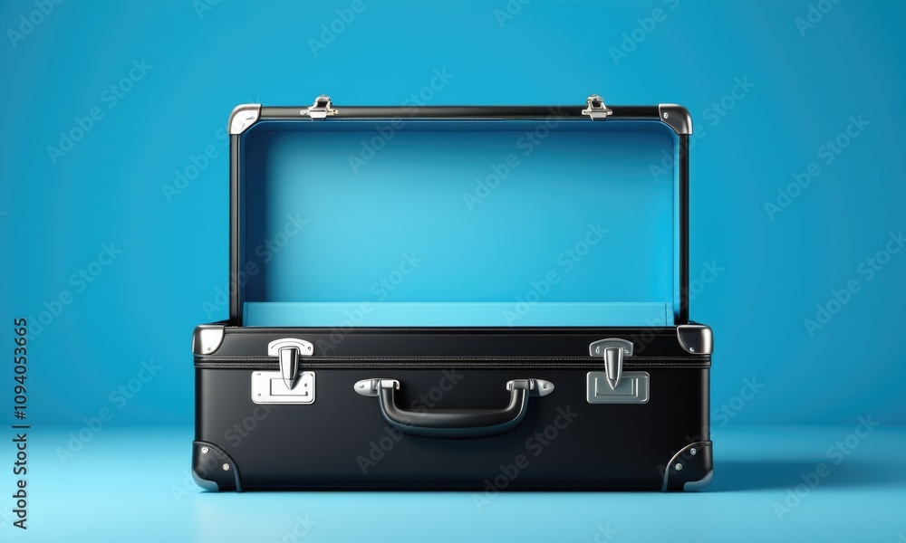 Open briefcase on blue background highlighting business and travel concepts Open briefcase on blue background highlighting business and travel concepts