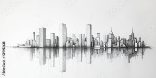 Detailed Cityscape in Black and White Sketch Style with Mirrored Reflection