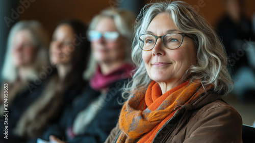 Mature woman enjoying lecture with glasses, smiling and learning, strategy for overcoming