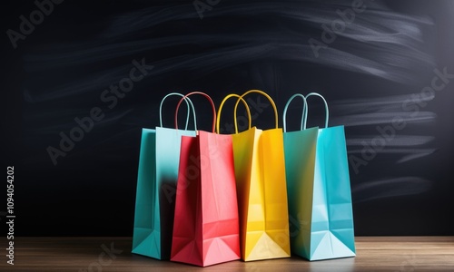 Colorful shopping bags against black chalkboard background photo