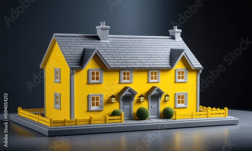 Modern yellow house model with grey roof and detailed fencing on display photo