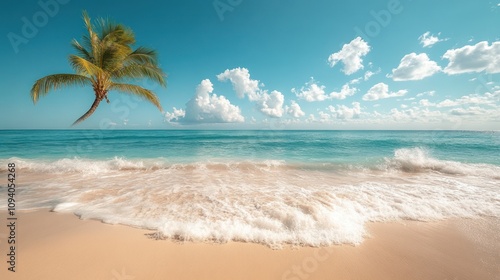 Wallpaper Mural A serene beach scene with gentle waves and a palm tree under a clear blue sky. Torontodigital.ca