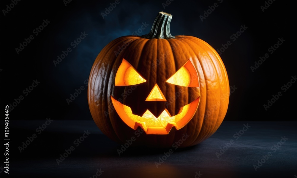 Spooky glowing jack o lantern with carved face in dark atmosphere Spooky glowing jack o lantern with carved face in dark atmosphere