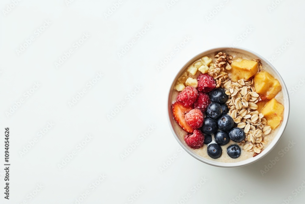 A healthy bowl of oatmeal topped with fresh fruits and granola. A healthy bowl of oatmeal topped with fresh fruits and granola.