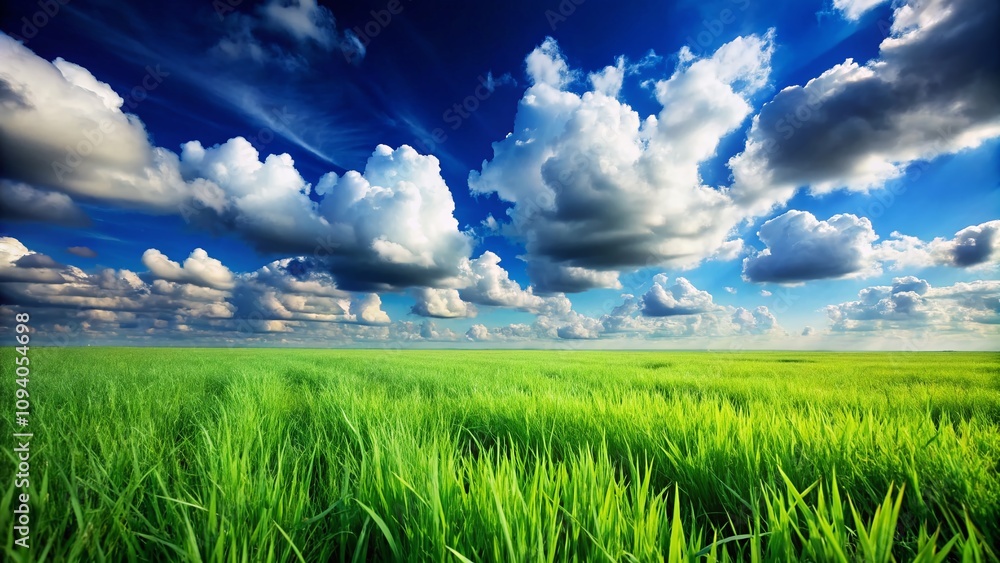 Obraz premium Surreal Landscape of Lush Green Grass Field Under Expansive Blue Sky with Fluffy Clouds on a Clear Day, Invoking Peace and Tranquility in Nature's Breathtaking Beauty