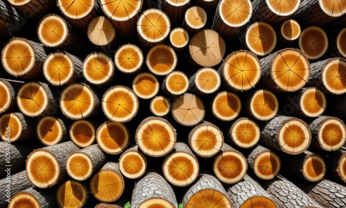 Aerial view of stacked logs with vibrant crosssections in sunlight photo