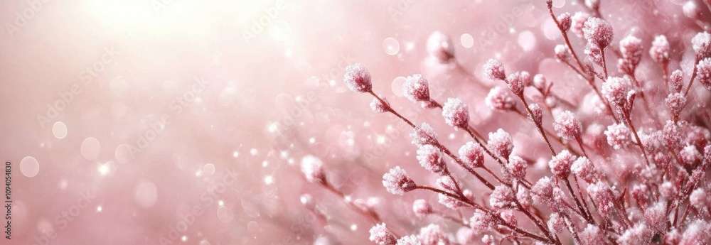 Delicate pink flowers covered in frost against a dreamy bokeh background, capturing the ethereal beauty of nature during winter magic and tranquility. Delicate pink flowers covered in frost against a dreamy bokeh background, capturing the ethereal beauty of nature during winter magic and tranquility.