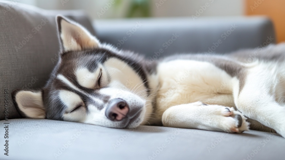 A sleeping husky rests peacefully on a couch, showcasing relaxation and comfort. A sleeping husky rests peacefully on a couch, showcasing relaxation and comfort.