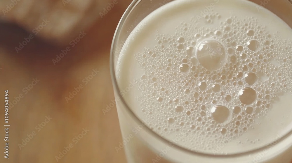 Close-Up View of Milk in Glass with Air Bubbles Close-Up View of Milk in Glass with Air Bubbles