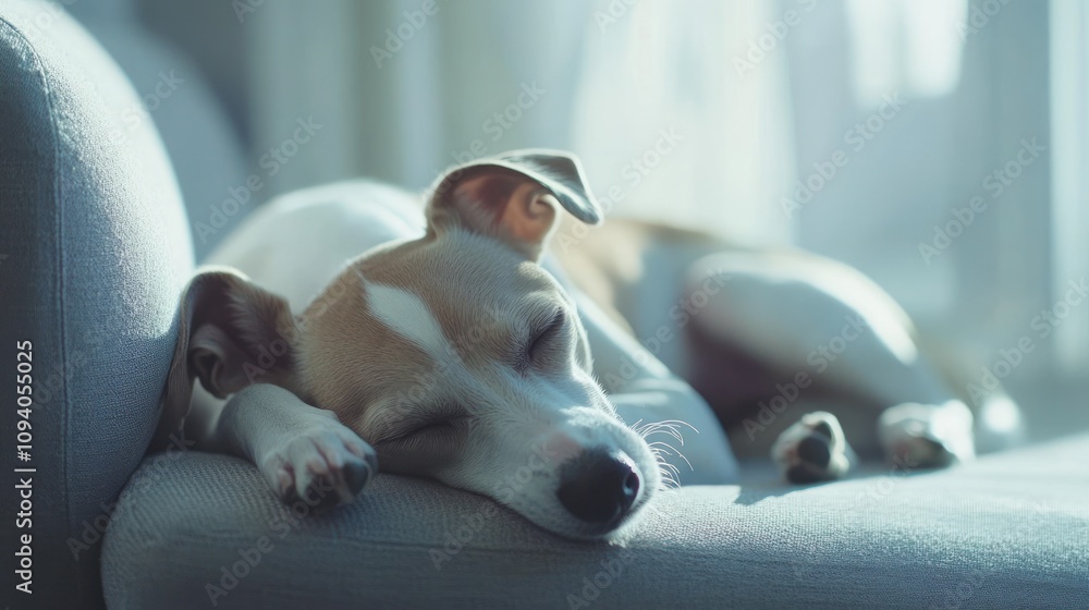A sleeping dog on a sofa, basking in soft, natural light. A sleeping dog on a sofa, basking in soft, natural light.