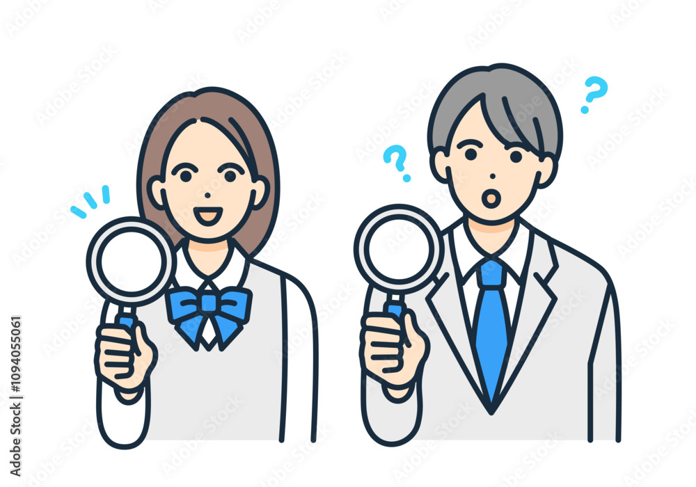疑問を持つ男の子。何か閃いた女の子。虫眼鏡を持つ学生のベクターイラストセット。 疑問を持つ男の子。何か閃いた女の子。虫眼鏡を持つ学生のベクターイラストセット。