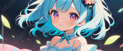 kawaii cute anime girl with light sky blue hair vibrant neon blue, red, and yellow eyes, and a round mouth, in a dress