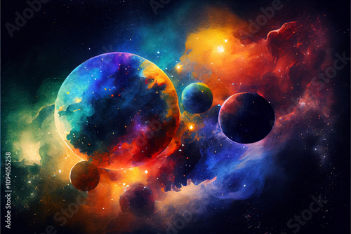 Vibrant watercolor painting of a cosmic scene with colorful nebula, multiple planets, and shimmering stars, creating a stunning depiction of space beautifully captures mystery and wonder of universe