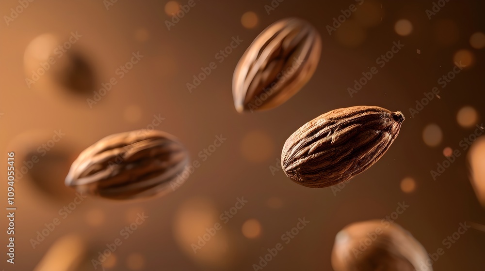 Floating Nutmeg Seeds Against Solid Colored Background in Photography Style Floating Nutmeg Seeds Against Solid Colored Background in Photography Style