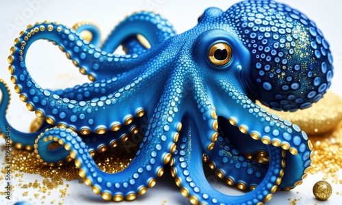 Vibrant blue octopus with gold accents and detailed textures in artistic design photo