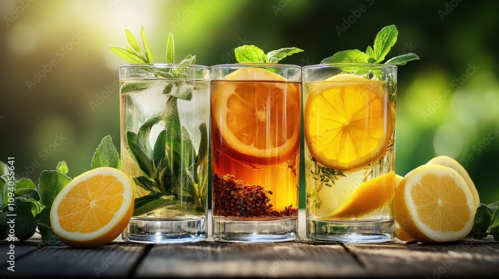 Refreshing drinks with lemon and herbs in glasses, set against a natural background. Refreshing drinks with lemon and herbs in glasses, set against a natural background.