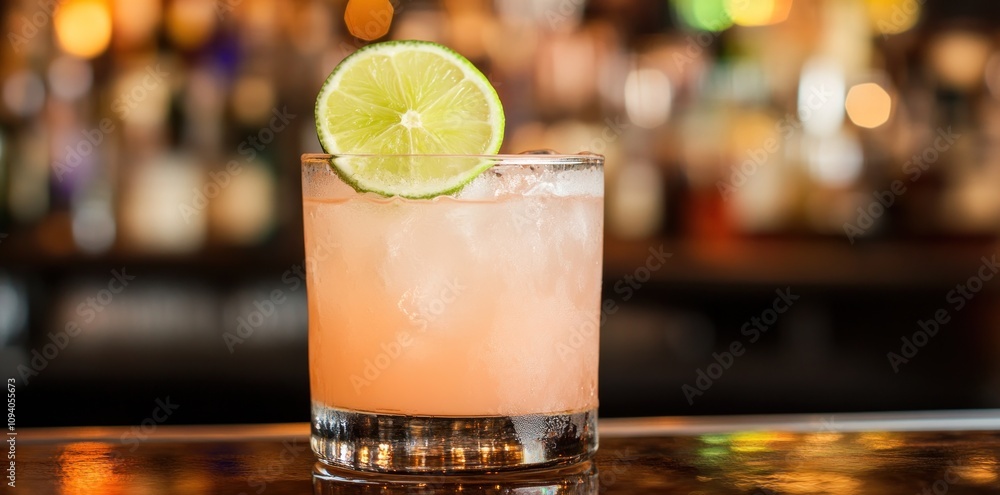 A refreshing cocktail served in a glass with a lime slice on top. A refreshing cocktail served in a glass with a lime slice on top.