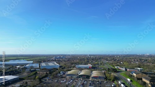 Downtown Buildings at Central Coventry City Centre of England United Kingdom. March 30th, 2024. Drone's Camera Footage Was Captured During Bright Sunny Day From Medium High Altitude.